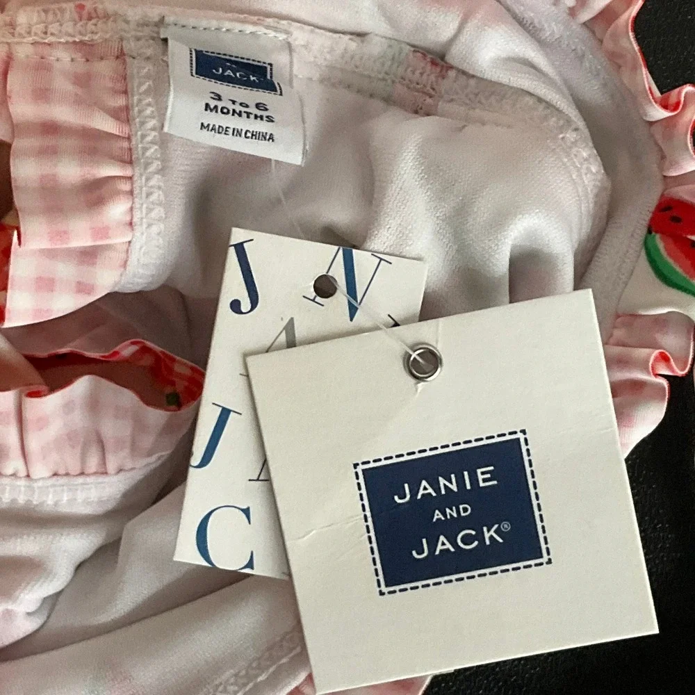 Janie and Jack Swimsuit Baby Girls 3-6M White Watermelon‎ Ruffle One Piece NEW